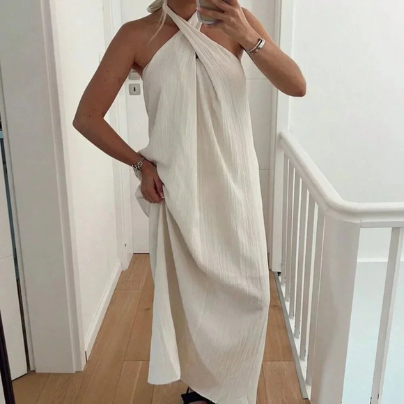 Dresses & Skirts - White Casual Women's Summer Solid Color Cross Halter Neck Straight Loose Dress